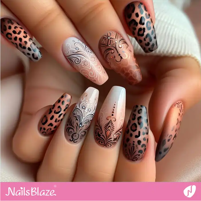 Filigree Nails with Leopard Print | Animal Print Nails - NB2541